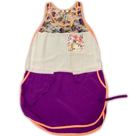 MSGM silk mini dress with drawstring and fun mix of floral and solid panels - Picture 2 of 9